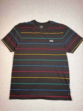 Vans Black Stripe Short Sleeve Tee with Red, Yellow, Blue, Green Accents
